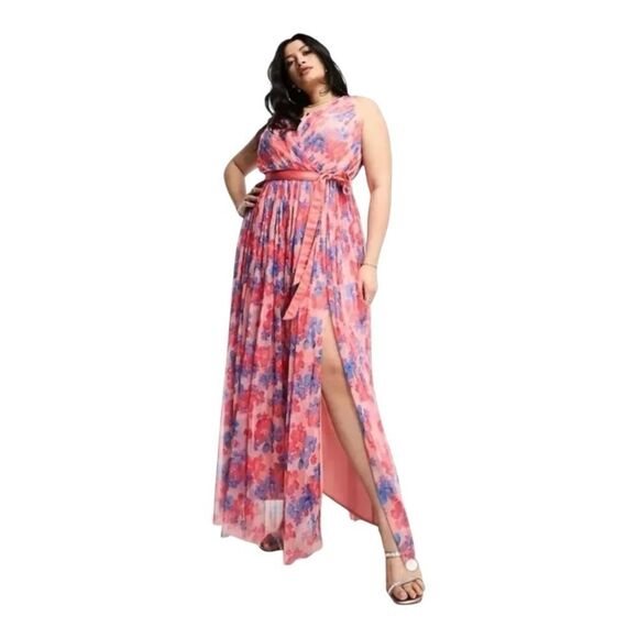 Anaya Wrap Front Chiffon Coral Blue Romantic Tulle Floral Maxi Dress Size 18 - Picture 1 of 10